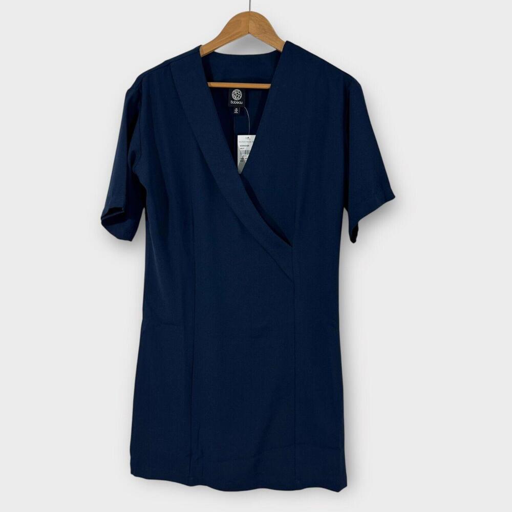 Bobeau Women’s Size XS Navy Blue Faux Wrap V Neck Stretch Shift Mini Dress New - Picture 1 of 7